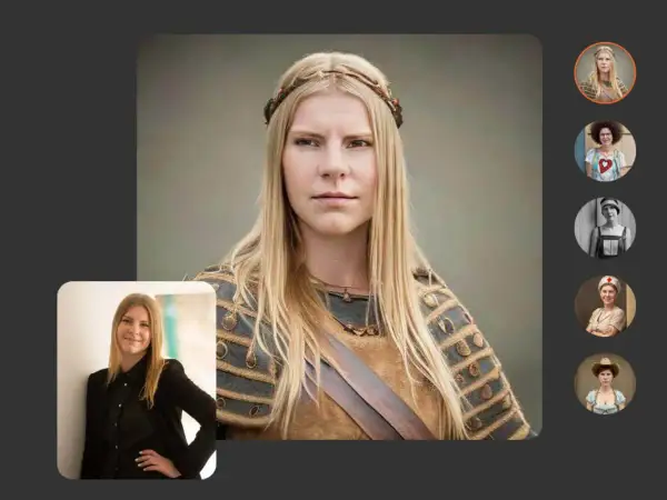 Une femme blonde en tenue médiévale, résultat de myheritage ai time machine, avec des portraits historiques sur la droite.