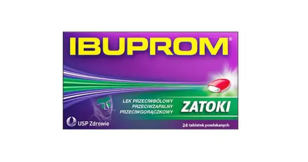Opakowanie Ibuprom Zatoki, leku na ból i stan zapalny zatok. Zawiera 24 tabletki.