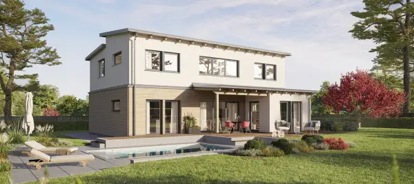 Modernes Haus mit versetztem Pultdach, Pool und Gartenmöbeln. Einladende Terrasse mit Esstisch und Sitzgelegenheiten.
