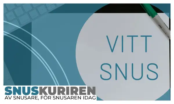 Vitt snus, ett alternativ till tobak och nikotinfritt snus, presenteras på ett papper bredvid en grön penna. Texten "SNUSKURIREN" syns nedtill.
