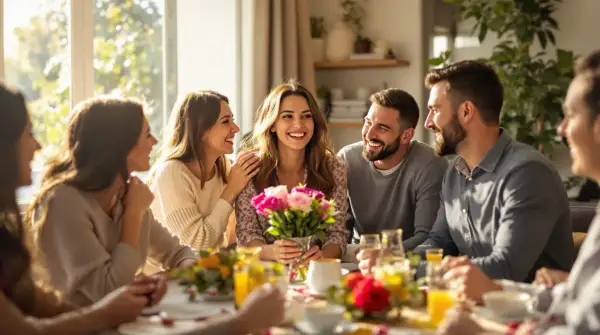 Un groupe d'amis rit autour d'une table, une femme tient un bouquet. Une belle journée, peut-être une fête de la saint Émilie, date à célébrer.