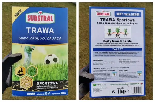 Opakowanie nasion trawy "Sportowa" marki Substral. Jaka trawa na trawnik? Ta samo zagęszczająca się przez kłącza, idealna na intensywnie użytkowane tereny.