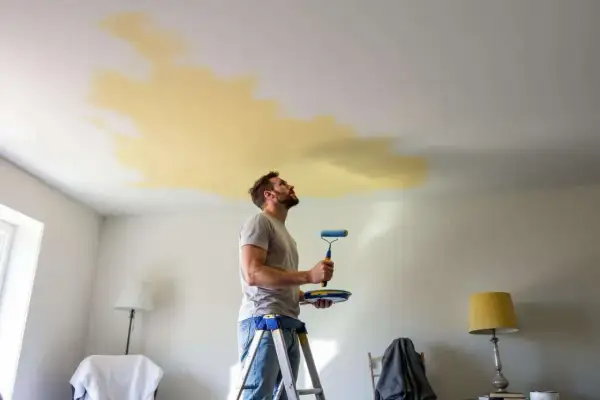 Un homme sur une échelle regarde une tache de peinture qui jaunit au plafond, prêt à la recouvrir.
