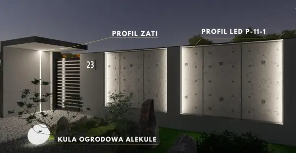 Nowoczesne oświetlenie ogrodzenia z profilami LED i kulą ogrodową tworzy nastrojową atmosferę.