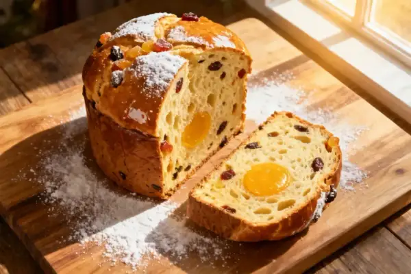 Un panettone italien artisanal, sa recette parfaite. Un délice aux fruits confits et à la crème, saupoudré de sucre glace.