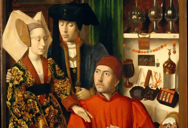 A family portrait in the style of northern Renaissance art, showcasing rich fabrics, intricate jewelry, and a detailed domestic setting.