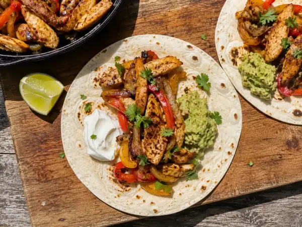 Färdiglagade fajitas med kyckling, paprika och lök på tortillabröd, serverade med guacamole och gräddfil. Ett perfekt fajitas recept för en härlig middag.