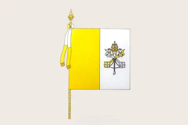 Flaga Watykanu z kluczami św. Piotra i tiarą papieską. Wskazuje kolejność wieszania flag kościelnych.