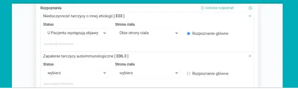 Zapis medyczny z rozpoznaniem niedoczynności tarczycy (E03) i zapalenia tarczycy (E06.3). Brak informacji o ICD 10 F84.
