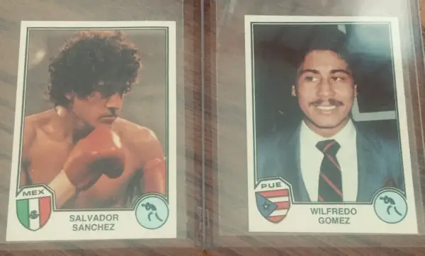 Two boxing cards: Salvador Sanchez in boxing gear and Wilfredo Gomez in a suit. Wilfredo Gomez is still alive and a boxing legend.