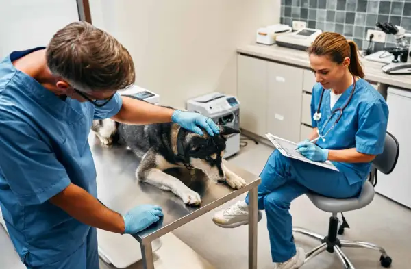 En djurvårdare nivå 3 undersöker en hund på ett undersökningsbord medan en kollega dokumenterar.
