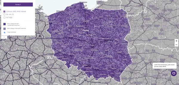 Mapa zasięgu sieci komórkowej w Polsce. Fioletowe obszary oznaczają dobry zasięg wewnątrz i na zewnątrz budynków, jaśniejsze fioletowe – dobry zasięg na zewnątrz. Sprawdź, jaka sieć ma najlepszy zasięg w Twojej okolicy.