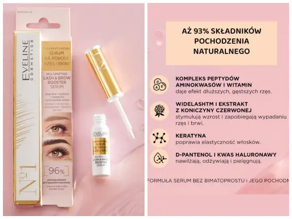 Serum Eveline na porost rzęs i brwi. Zapewnia dłuższe i gęstsze rzęsy dzięki naturalnym składnikom. Efekt widoczny po 8 tygodniach.