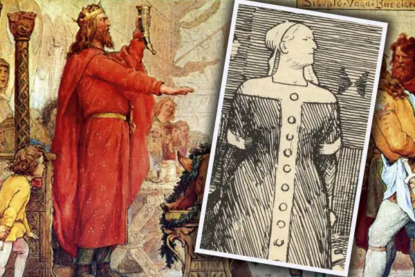 A king in a red robe holds a horn, with a drawing of a woman in a tunic on the right.