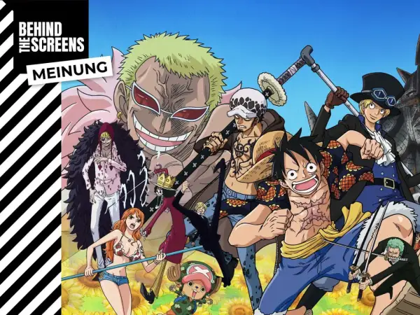 Ein "One Piece"-Pause-Moment mit Luffy, Law, Sabo, Doflamingo und anderen Piraten vor einer Sonnenblumenwiese.