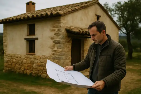 Hombre revisa planos frente al **cortijo Barranco Hondo**, una edificación rústica de piedra y tejas.