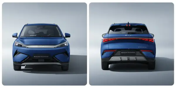 Dwa ujęcia niebieskiego BYD ATTO 3 EVO: przód i tył. Elegancki SUV elektryczny gotowy na przygodę.