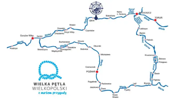 Mapa Wielkiej Pętli Wielkopolski z zaznaczonymi rzekami Wartą i Notecią, w tym dopływ Noteci.