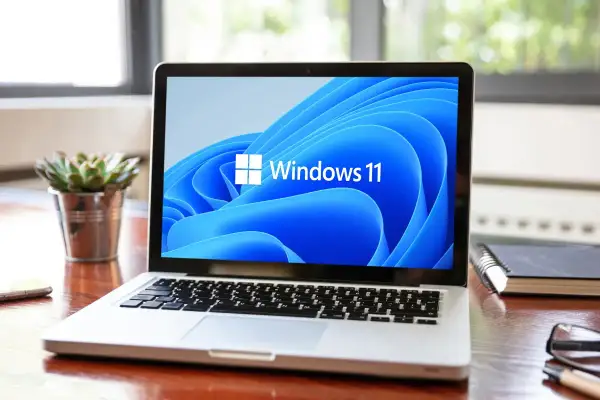 Laptop z logo Windows 11 na ekranie. Sprawdź, czy Twój sprzęt spełnia **windows 11 wymagania**, by cieszyć się nowym systemem.