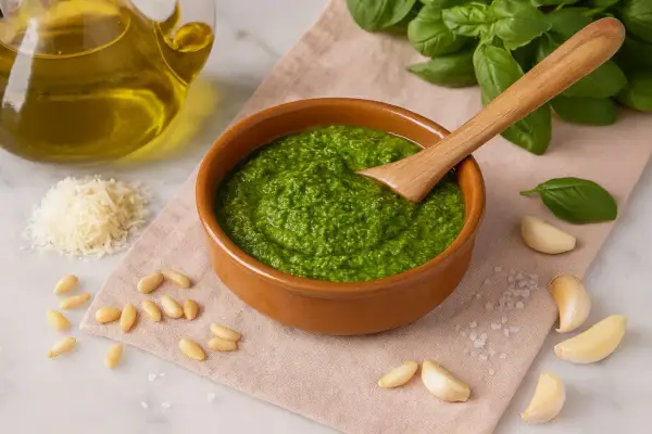Frisches **Pesto Genovese** in einer Schale, umgeben von Pinienkernen, Parmesan, Knoblauch, Basilikum und Olivenöl.