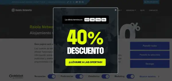 Ventana emergente que anuncia un 40% de descuento. La oferta termina pronto. ¡Aprovecha la promoción!