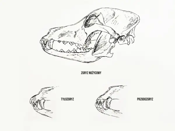 Ilustracja przedstawia czaszkę psa z zaznaczonym zgryzem nożycowym, a także przykłady tyłozgryzu i przodozgryzu.