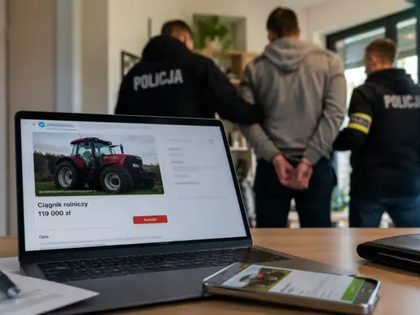 Policja zatrzymała mężczyznę podejrzanego o przekręt nigeryjski. Na ekranie laptopa widnieje oferta sprzedaży ciągnika rolniczego.