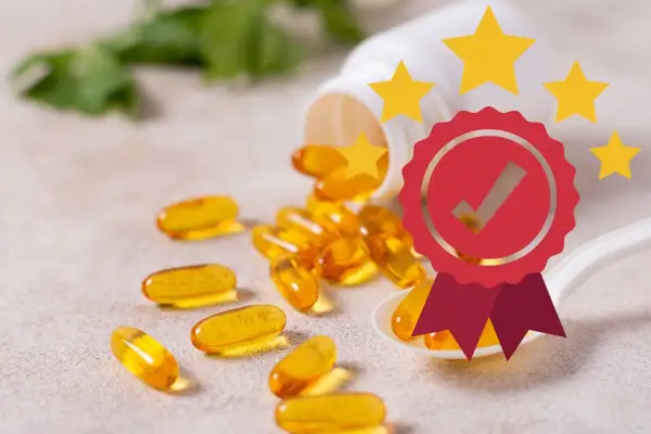 Gélules d'oméga 3 dorées, promesse de bienfaits pour la santé, avec un sceau de qualité et des étoiles.