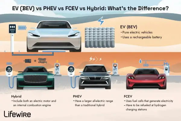 Bilden visar skillnaden mellan elbil (BEV), laddhybrid (PHEV) och bränslecellsbil (FCEV). Vad betyder ev. i detta sammanhang?