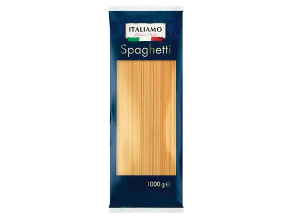 Opakowanie makaronu spaghetti marki Italiamo z Lidla. Idealny wybór dla osób szukających makaronu bezglutenowego.