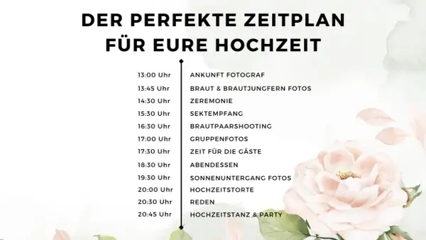 Der perfekte Zeitplan für eure Hochzeit: Von der Ankunft des Fotografen bis zum Hochzeitstanz, alles ist geplant.