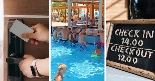 Otwieranie drzwi kartą, ludzie w basenie i tablica z godzinami check-in/check-out. To wszystko czeka na Ciebie w ramach doby hotelowej.