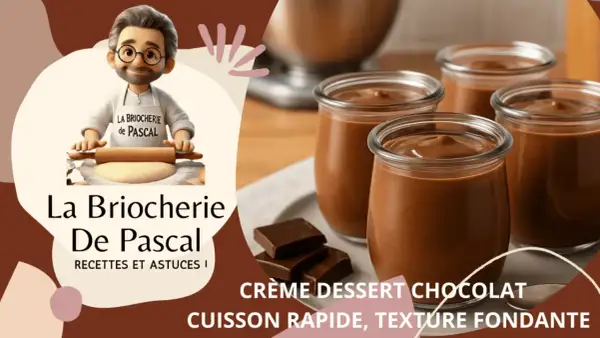 Quatre pots de crème au chocolat onctueuse, parfaits pour un dessert rapide et gourmand. Un chef pâtissier prépare la pâte.