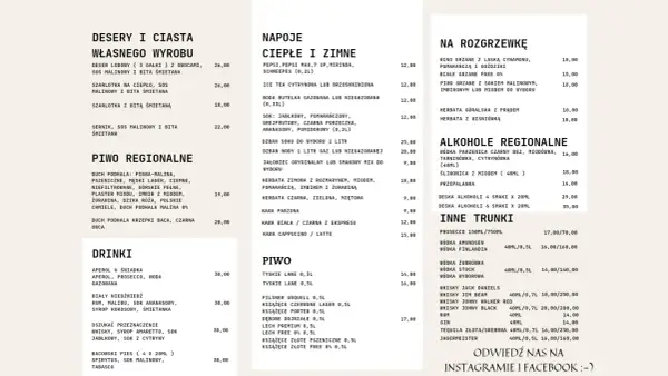 Menu karczmy z deserami, napojami, piwami regionalnymi, drinkami i alkoholami.