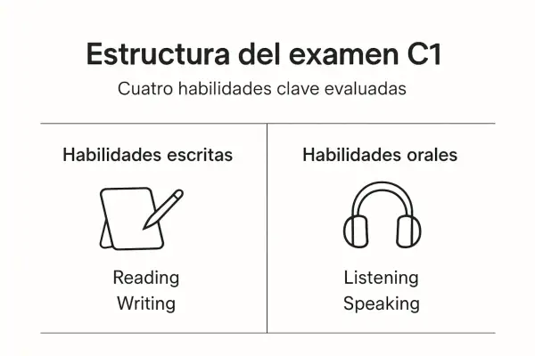 Estructura del examen C1: habilidades escritas (reading, writing) y orales (listening, speaking).