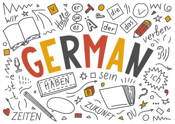 Kolorowe litery tworzą napis "GERMAN". Wokół mnóstwo niemieckich słówek: "Hallo", "haben", "sein", "ich", "du", "Zukunft", "Zeiten". Nauka niemieckiego to przygoda!