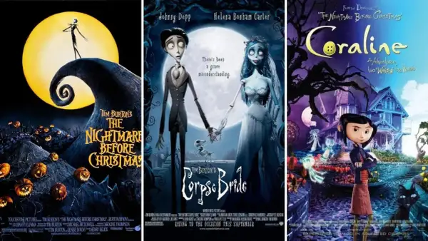 Plakaty filmów Tima Burtona: "Miasteczko Halloween", "Gnijąca panna młoda" i "Coraline".