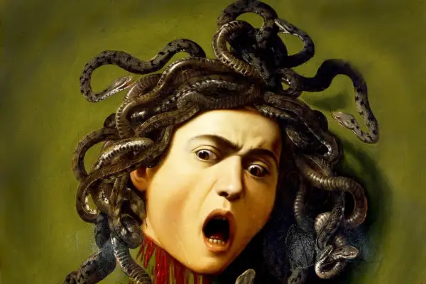 A severed head of Medusa in art, her face contorted in a scream, with writhing snakes for hair. Blood drips from her neck.