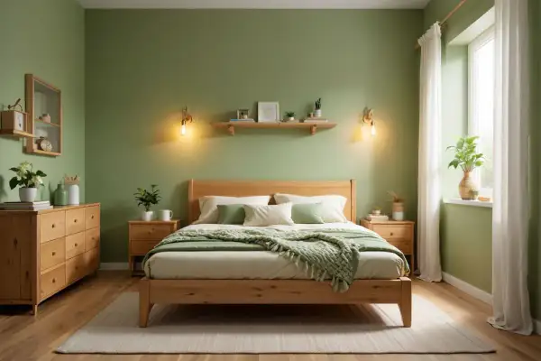 Une chambre vert et bois, paisible et lumineuse, avec un lit en bois, des tables de chevet, une commode et des étagères décorées de plantes.