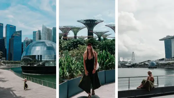 Trzy ujęcia z Singapuru, najmniejszego państwa w Azji: nowoczesne budynki, futurystyczne ogrody i widok na zatokę z kobietą w centrum.