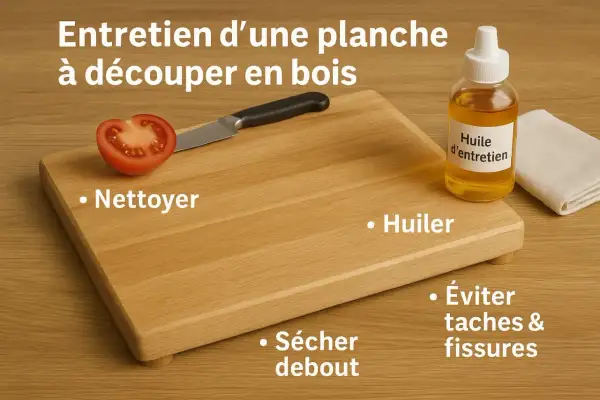 Conseils pour comment traiter une planche à découper en bois : nettoyer, huiler, sécher debout pour éviter taches et fissures.