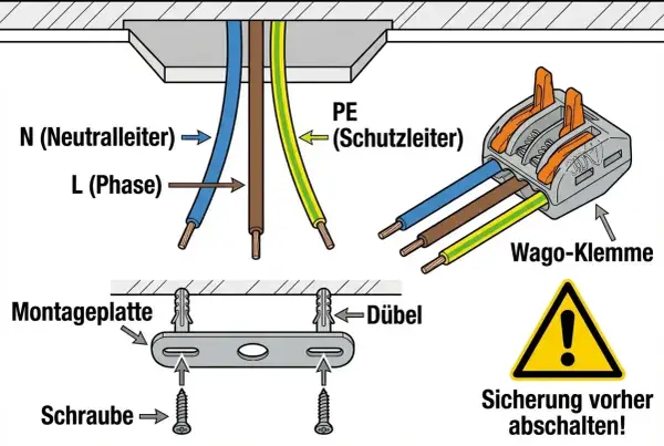 Anleitung zum Deckenlampe abmontieren: Kabel (N, L, PE) mit Wago-Klemme verbinden, Montageplatte mit Schrauben und Dübeln befestigen. Achtung: Sicherung vorher abschalten!