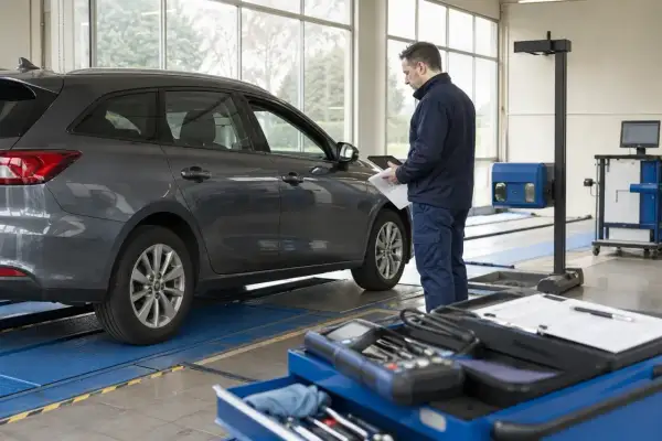 Meccanico con tablet e fogli accanto a un'auto grigia in officina, per l'allestimento auto libretto.
