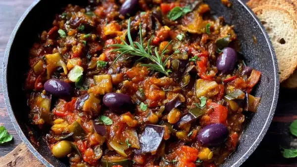 Un plat de caponata sicilienne savoureux, garni d'olives violettes et d'une branche de romarin frais, prêt à être dégusté avec du pain grillé.
