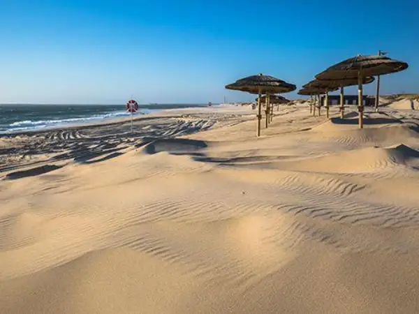 Dunas de arena dorada con sombrillas de paja y un salvavidas, un oasis de paz que recuerda a las playas cerca de Salamanca.