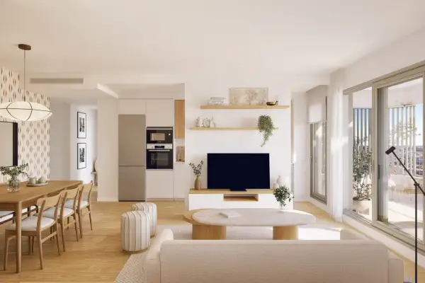 Salón moderno con comedor y cocina integrados. La diferencia entre piso y apartamento se nota en la amplitud y las vistas desde el balcón.