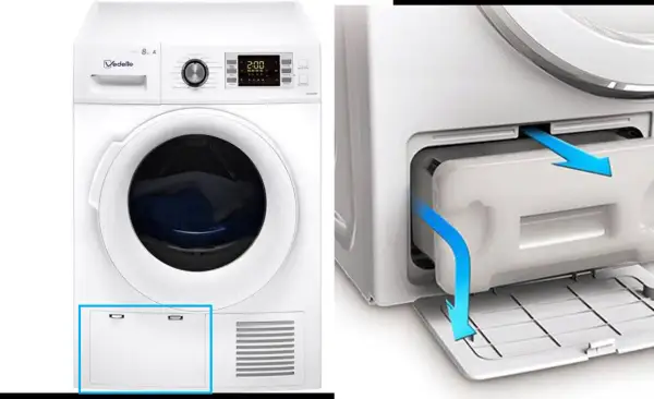 Sèche linge Vedette. Le filtre à condensation est retiré, peut-être que le sèche linge ne chauffe plus à cause de cela.