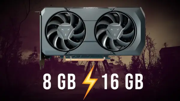 Karta graficzna AMD Radeon Vega 8 z 8 GB i 16 GB pamięci VRAM, na tle opuszczonego wesołego miasteczka.