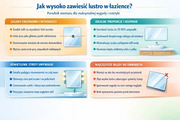 Zasady montażu lustra w łazience: środek tafli na wysokości linii wzroku, dopasowanie do wzrostu domowników. Idealne proporcje i oświetlenie.