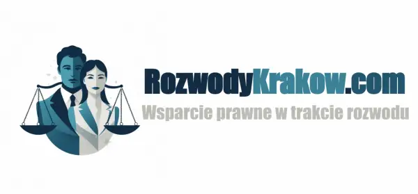 Ilustracja pary prawników z wagą sprawiedliwości i logo RozwodyKrakow.com.